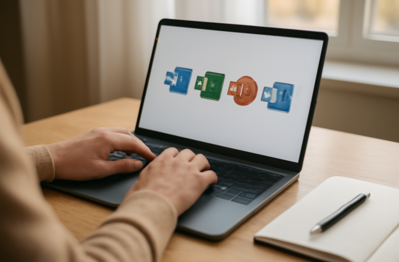 Seseorang sedang memeriksa instalasi Office di laptop dengan aplikasi terbuka