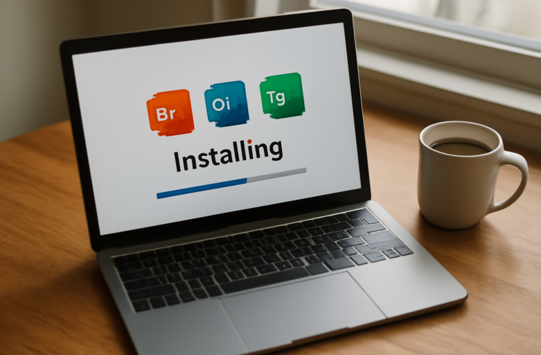 Laptop menampilkan proses instalasi Microsoft Office 2021 di meja kayu