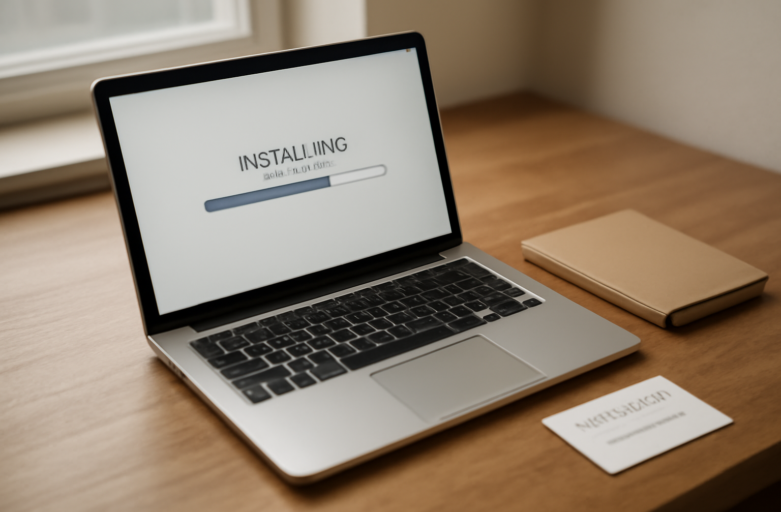 Laptop di meja kayu sedang menjalankan proses instalasi Microsoft Office secara offline