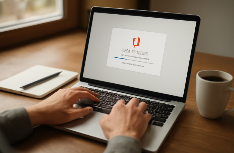 Seseorang sedang menginstal Office 2016 di laptop dengan jendela progres instalasi terlihat di layar