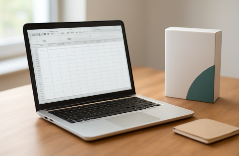 Laptop menampilkan aplikasi spreadsheet di atas meja kayu saat proses instalasi Office