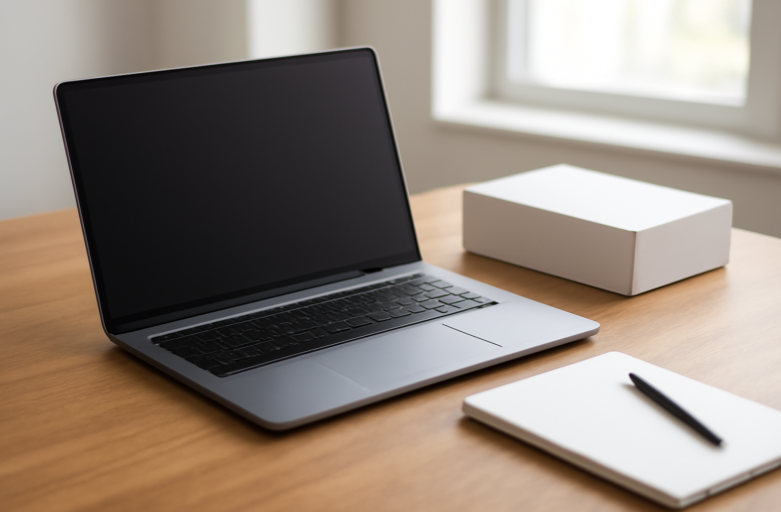 Laptop baru di meja kerja dengan kotak perangkat lunak perkantoran siap dipasang