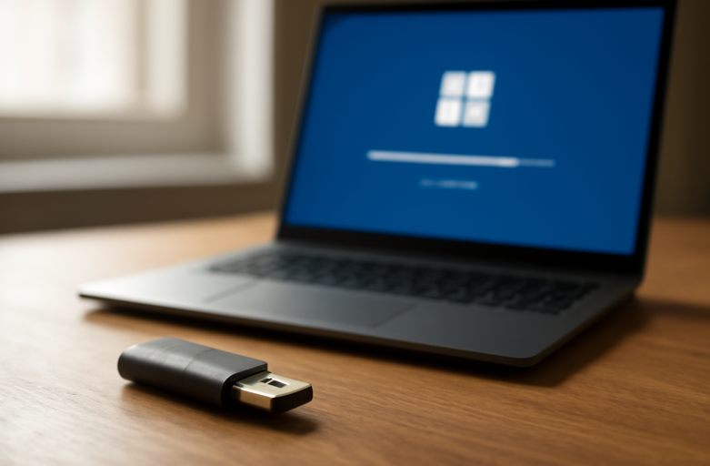 Flashdisk dan laptop yang sedang menjalankan proses instalasi Office secara offline