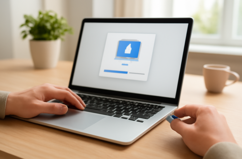 Seseorang memasukkan flashdisk ke laptop untuk instalasi Office offline