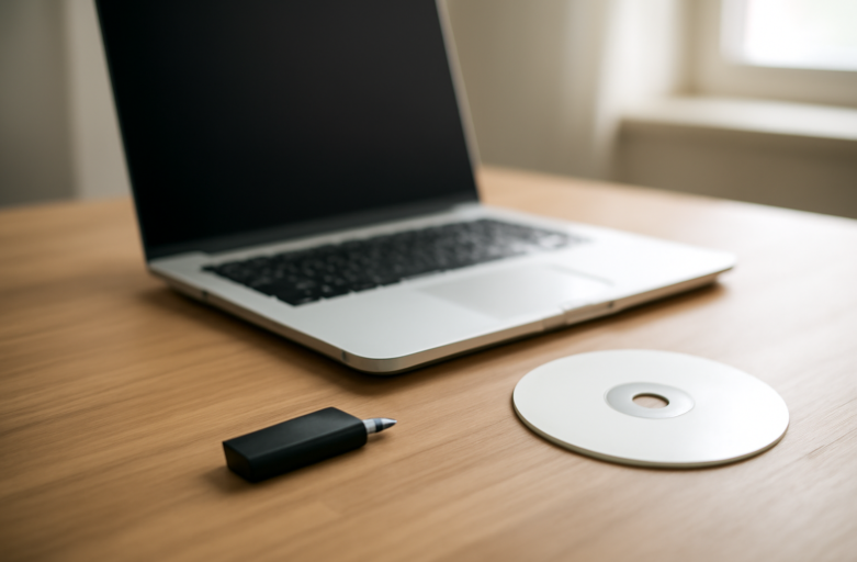 Laptop dengan flashdisk dan cakram instalasi perangkat lunak di meja kerja