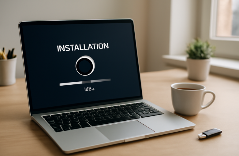 Laptop di meja kerja menampilkan proses instalasi perangkat lunak Office