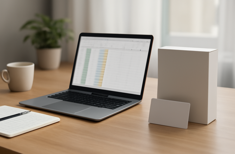 Meja kerja dengan laptop dan dua pilihan lisensi Microsoft Office